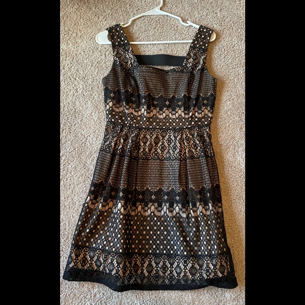 Nude dress with black lace overlay, size S, measurements in photos